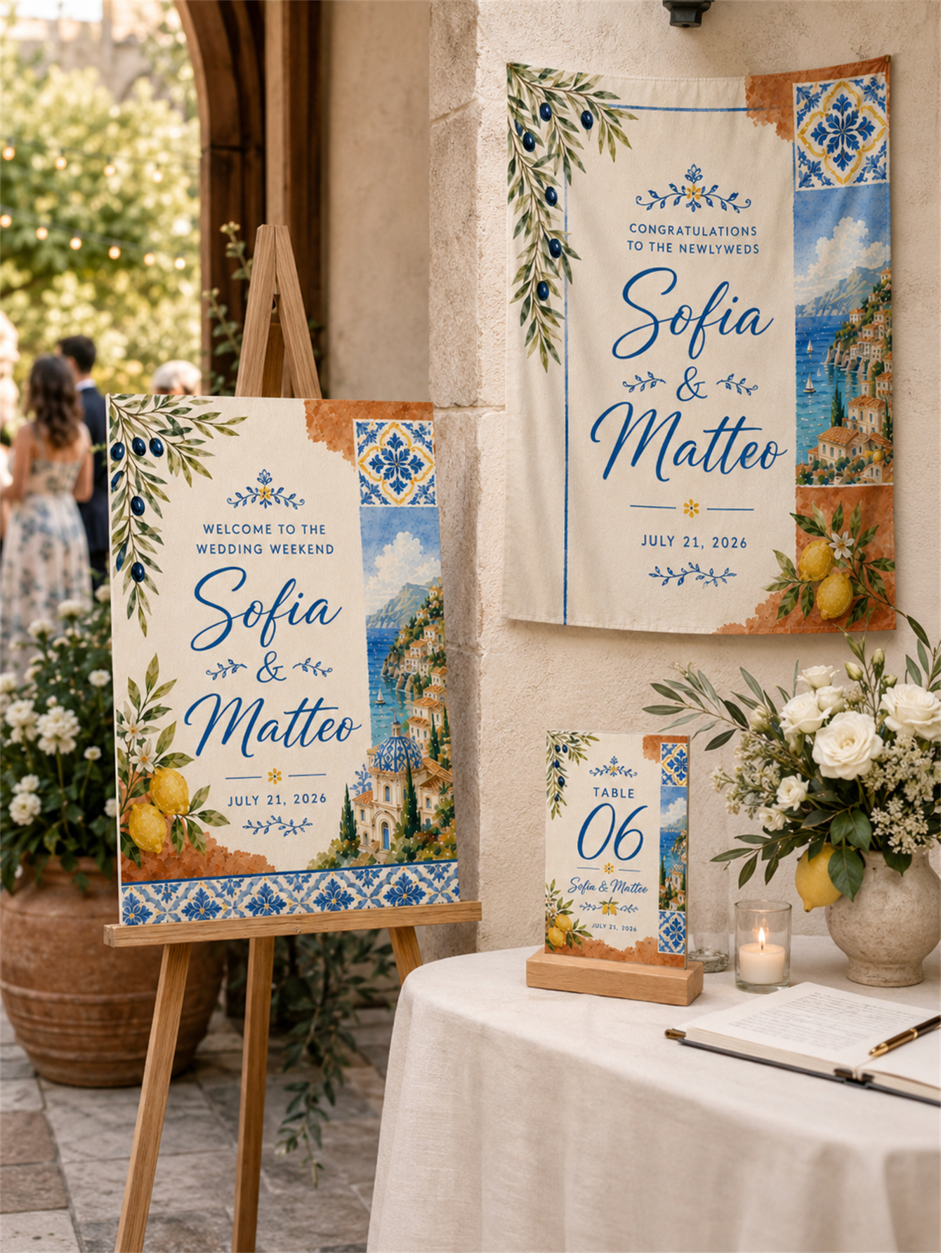Gray-blue and romantic wedding decorations - garden arch design - custom names and dates